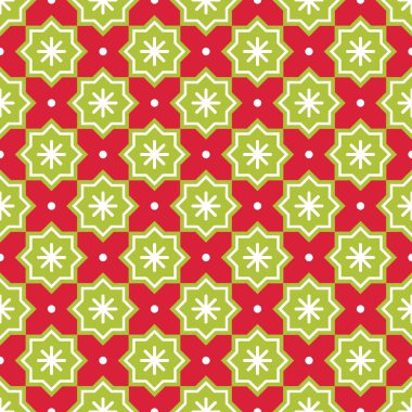 Noel soyut kalıbı. Kırmızı zemin üzerinde yıldız kurabiyeleri ve kar taneleri olan kusursuz bir desen. Geometrik basit festival dokusu. Mozaik ekose. Vektör çizimi. Kırmızı, Beyaz, Açık Yeşil