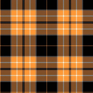 Tartan kumaş deseni. Kareli ekose vektör çizimi. İskoç tarzının kusursuz arka planı şenlik tasarımları için harika. Duvar kağıtları, tekstil, süslemeler, ambalajlar için. Siyah, Beyaz, Turuncu