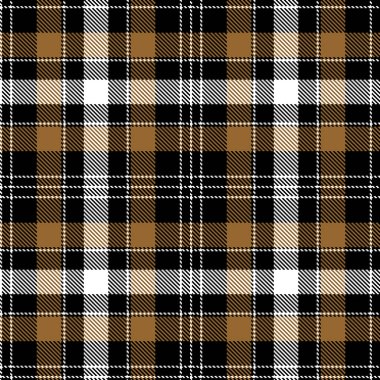 Tartan kumaş deseni. Kareli ekose vektör çizimi. İskoç tarzının kusursuz arka planı duvar kağıtları, tekstil ürünleri, dekorasyonlar, şenlikli ambalajlar için harika. Braun, beyaz, siyah renkler. Altın