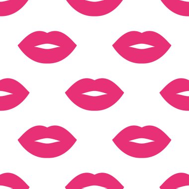 Renkli kadın dudakları. Beyaz arka planda pembe dudaklı kusursuz parlak vektör deseni. Moda modası arka planı. Modern orijinal tasarımlar, baskılar, tekstil, kumaşlar, duvar kağıtları vs..