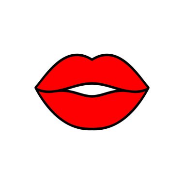 Dudaklar öpücük illüstrasyonu. Vektör simgesi, beyaz üzerine izole edilmiş sembol. Havalı seksi kırmızı öpücükler. Baskı, çizgi roman, moda, pop sanat, tasarım, çıkartmalar, dekorasyon tahtaları ve arka planlar için çizgi film tabelası