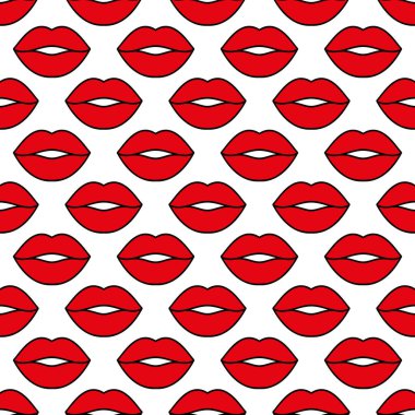 Seksi kadın dudakları. Beyaz arka planda kırmızı dudaklı kusursuz vektör deseni. Moda pop sanat arkaplanı. Modern tasarımlar, baskılar, tekstil, kumaşlar, duvar kağıtları, posterler vs.