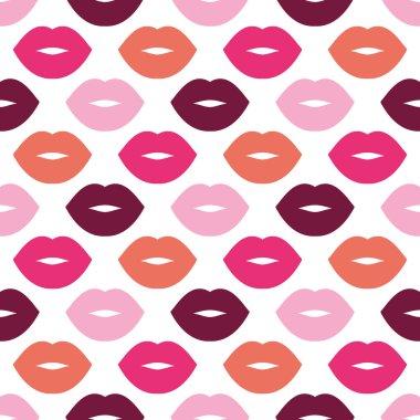 Renkli kadın dudakları. Beyaz arka planda kusursuz parlak vektör deseni. Popüler moda sanatı geçmişi. Modern tasarımlar, baskılar, tekstil, kumaşlar, duvar kağıtları, arka planlar vs..