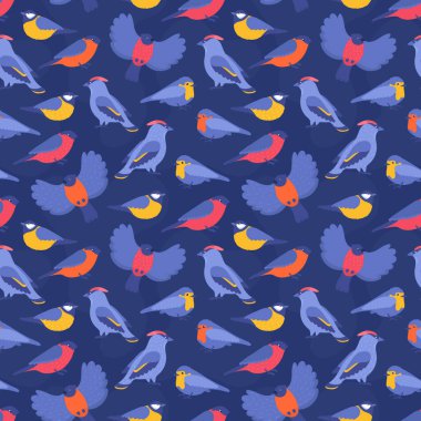 Kışın el çizimi kuşlarla mor tonlarda pürüzsüz bir desen. Farklı mevsimsel orman canlıları ile dekoratif koyu arkaplan.