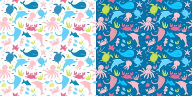 Deniz hayvanlarıyla çocuk stili set. Kusursuz deniz desenleri, çerçeve, ahtapot koleksiyonu, yengeç, yunus, denizanası, kaplumbağa. Giysi, tekstil, ambalaj kağıdı baskısı için. El yapımı su altı yaşamı.