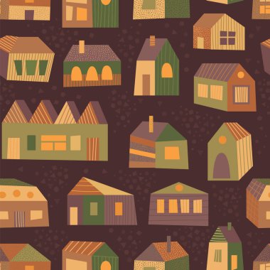 Pencereli evler, noktalı duvarlar, kapılar, çizgili çatılar. Düz tasarım, sevimli çocuk tarzı evler. Sarı, kahverengi, yeşil palet. Koyu renkli komik asimetrik binalar koleksiyonu.