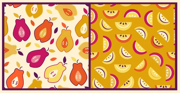 明るい近代的な色のプリントは 様式化された果物とセット オレンジ 緑のグラフィック梨 柑橘類とシームレスなパターンを繰り返します マスタードカラーのアートオブジェクト アパレル 現代的な織物 — ストックベクタ