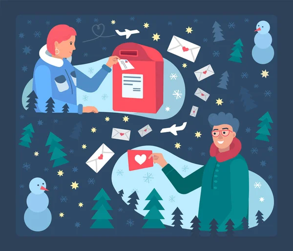 Yatay kart. Kız aşk mektubu yolluyor, posta kutusuna at. Güzel, düz bir çizim. Elinde kartpostal olan bir kadın. Çocuk mektup aldı. Kış manzarası. Uçak, kar, köknar ağacı, mektuplar..