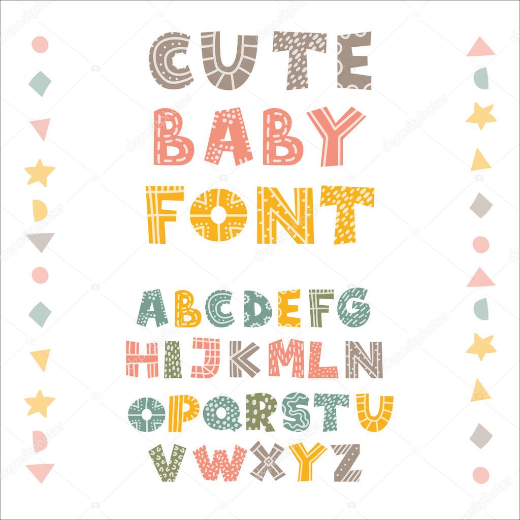 Pastel colors cute childish alphabet with ornament elements. Pink, yellow, green colors ABC isolated on white. Ethnic decorative letters design. Folk, scandinavian ornament. Title font from A to Z.