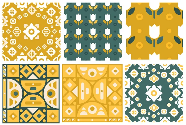 Patrones Geométricos Abstractos Con Paleta Colores Moda Verde Dorado Amarillo — Vector de stock