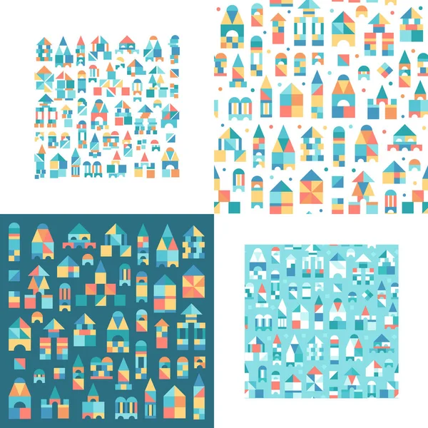 Renkli oyuncaklar kusursuz desenler oluşturuldu. Çocuk küpleri ya da bloklar. Çocuklar için oyun. Kale, kule, evler. Beyaz ve mavi deniz arka planında çocuksu düz bir koleksiyon. Detaylar, unsurlar. İzole edilmiş