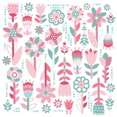 Beyaz üzerine pembe yeşil doğa koleksiyonu. Şekil verilmiş çiçekler. Geometrik çiçek şekilleri. Basit formlar. Güzel nesneler pembe, gül, beyaz, yumuşak palet. Modern kız tarzı set. Yaratıcı fikir