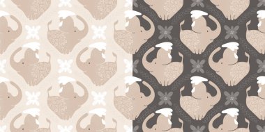 Komik filler oynuyor. Şirin hayvanlı sevimli çocuksu baskılar. Duvar kağıdı tasarımı veya tekstil baskısı. Çocuk stili el çizimi tekrarlanan kusursuz desenler. Rhombus şekli, şekli.