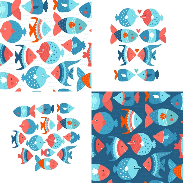 Ensemble Poissons Stylisés Décotatifs Colorés Sticker Motifs Ensemble Éléments Beaux — Image vectorielle