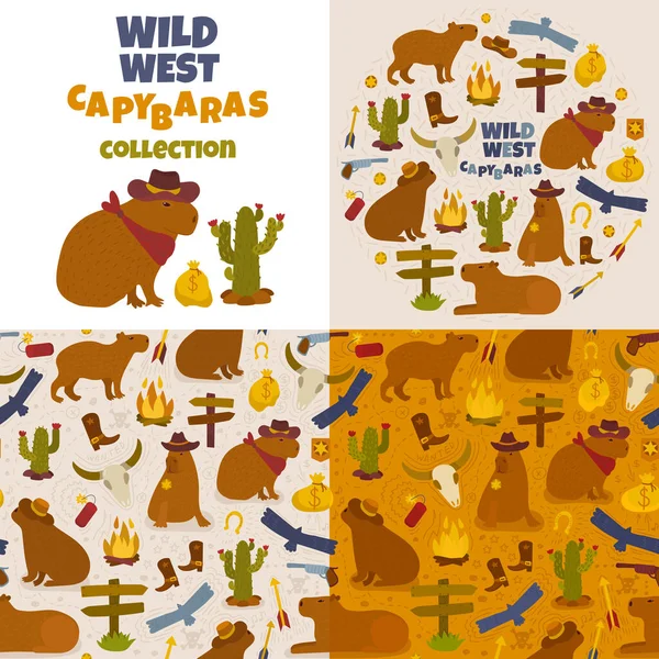 Capybaras vahşi batı seti. Vahşi Batı dekorlu kusursuz desenler. Kaktüslü çölde şapkalı komik şirin hayvanlar. El çizimleri, çıkartmalar. Çizmeler, tabanca, at nalı, ateş. Kartal, oklar.