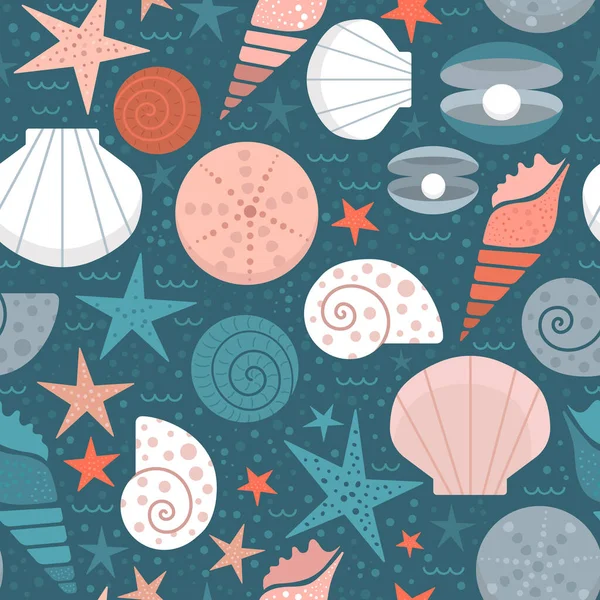 Imprimé Sans Couture Avec Coquillages Beaux Mollusques Sous Marins Motif — Image vectorielle