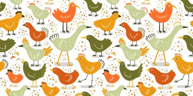 El çizimi, dekoratif kuşlarla kusursuz iz. Komik hayvanlar sarı, turuncu ve yeşil renkler. Sevimli karakterler. Balıkçıl, tavuk ve diğerleri. Beyaz arka planda desen var. Tekstil tasarımı