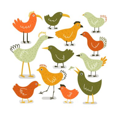 Dekoratif kuşlarla el çizimi Doodle seti. Komik hayvanlar sarı, turuncu ve yeşil renkler. Baskı tasarımı için sevimli karakterler. Beyaz arkaplanda izole.