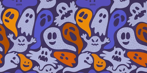 Patrón Divertido Sin Costuras Halloween Con Fantasmas Lindos Púrpura Naranja — Vector de stock