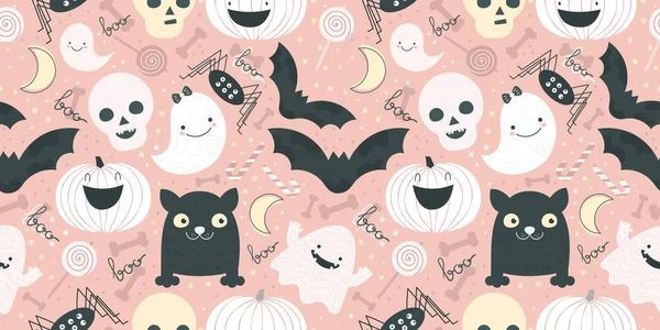 Cadılar Bayramı dekoratif unsurları olan pembe, pürüzsüz bir iz. Hayalet, balkabağı, yarasa, scull, kedi. Pastel renk paleti deseni. Hoş, sevimli grafikler ve dekoratif nesneler - tatlı, boo, ay, kemik.