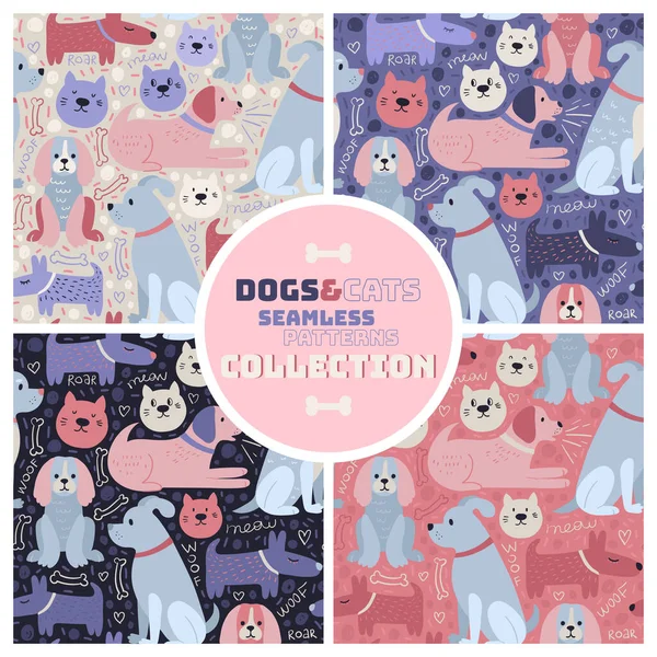 Şirin pembe, mor mavi köpekler ve kedilerle çizilmiş komik el izleri. Güzel, kusursuz bir tasarım. Harfli desen - kükreme, miyav, hav. Modern yaratıcı çocukların stili tekstil arkaplanı