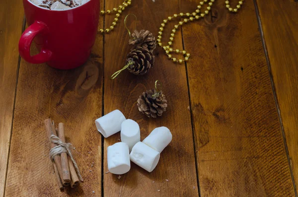 Pohár forró csokoládé, fahéj, és marshmallows — Stock Fotó