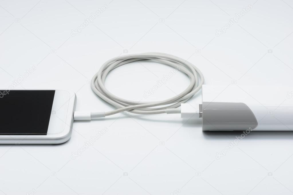 White smart phone charger with power bank (battery bank) 