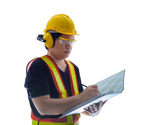 Мужчина строитель со стандартным строительным оборудованием безопасности — стоковое фото