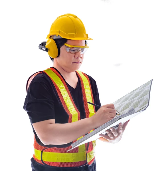Manliga byggnadsarbetare med Standard konstruktion säkerhet utrusta — Stockfoto