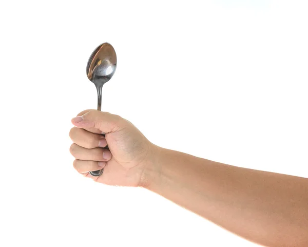 Männliche Hand mit einem leeren Löffel, Komposition isoliert auf weiß — Stockfoto