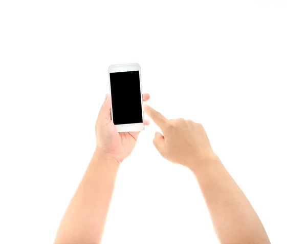 Ręka gospodarstwa i dotknąć Smartphone rezygnować pusty ekran na białym tle — Zdjęcie stockowe