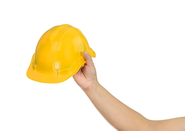 Mão segurando um chapéu duro, capacete isolado — Fotografia de Stock