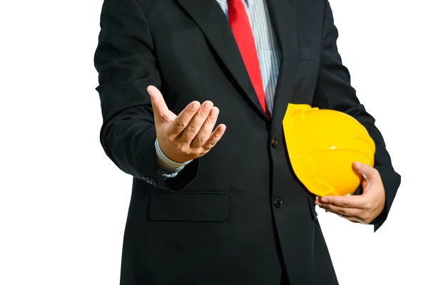 Engineer in suit holding helmet isolated — Stock Photo, Image