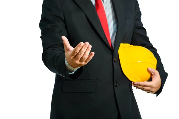 Engenheiro em terno segurando capacete isolado — Fotografia de Stock