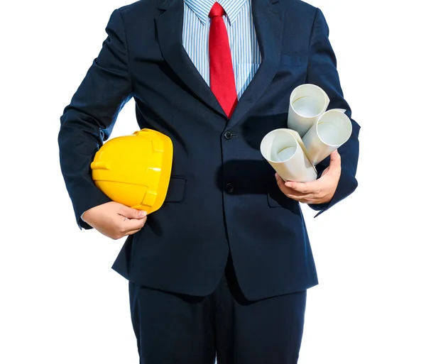 Casco amarillo ingeniero para la seguridad de los trabajadores con la construcción pl — Foto de Stock