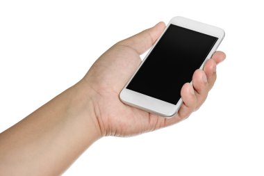 Boş ekran ile mobil akıllı telefon tutan el. İzole