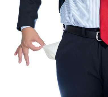 Beyaz boş cep yalıtılmış çekerek işadamı