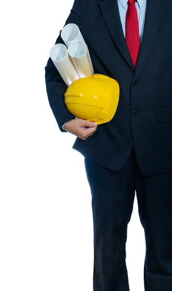 Engineer yellow helmet for workers security with construction pl — Stock Photo, Image