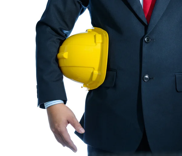 Engenheiro em terno segurando capacete isolado — Fotografia de Stock