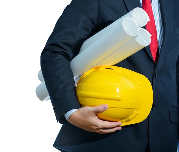 Engenheiro capacete amarelo para a segurança dos trabalhadores com construção pl — Fotografia de Stock