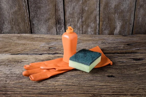 Dishwashing liquid, sponges, rubber Gloves — Stock Photo, Image