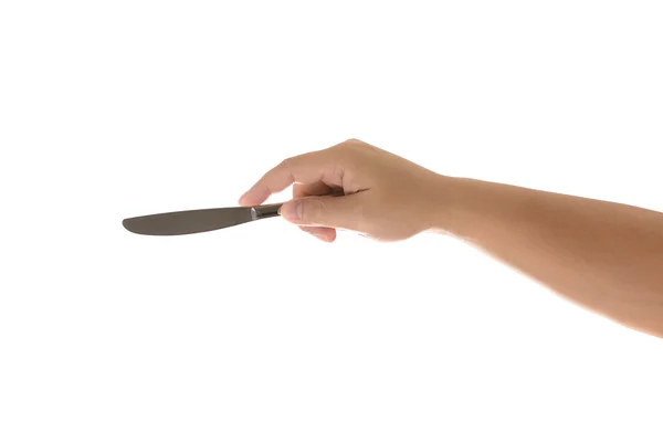 Mano che tiene un coltello da mangiare su un bianco isolato — Foto Stock