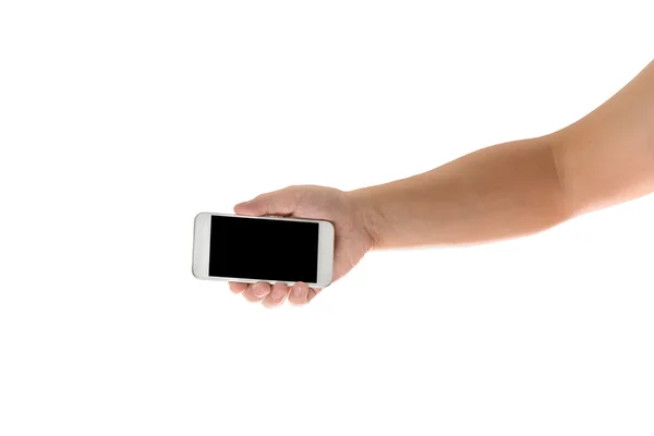 Рука тримає мобільний смартфон з порожнім екраном. Ізольовані — стокове фото