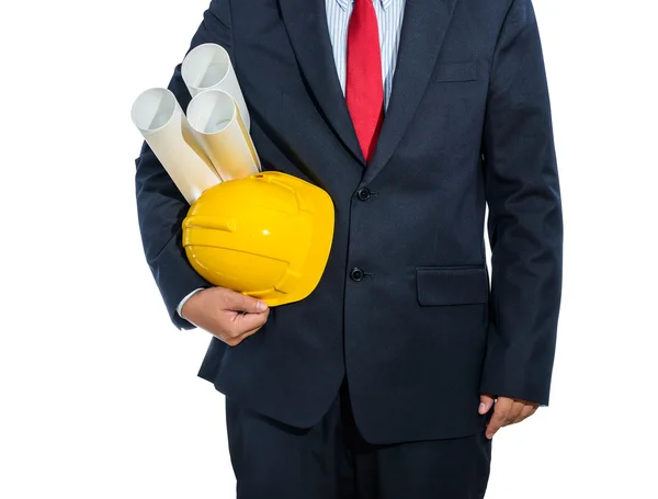 Engenheiro capacete amarelo para a segurança dos trabalhadores com construção pl — Fotografia de Stock