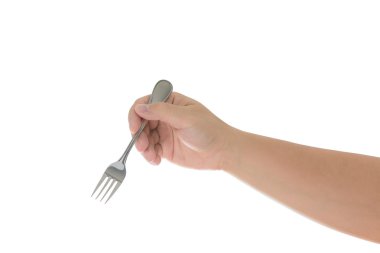 beyaz izole gümüş çatal tutan el 