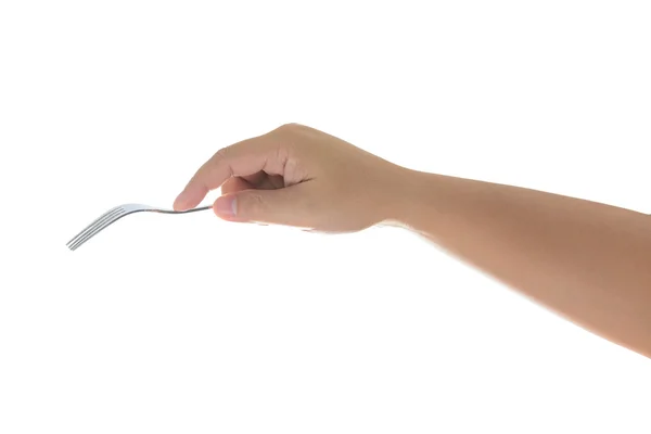 Main tenant une fourchette argentée isolée sur blanc — Photo