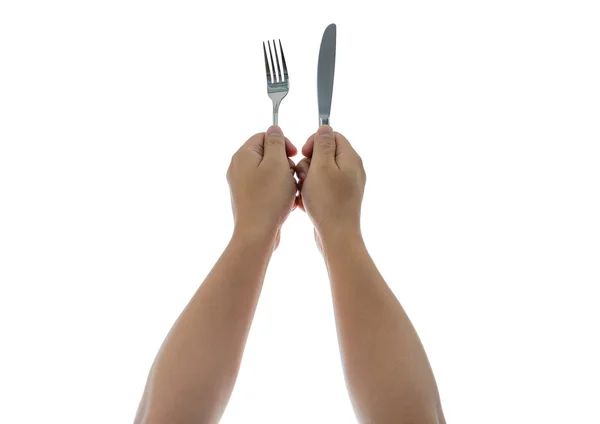 Un cuțit și furculiță fiind ținute de mâinile omului. Izolat — Fotografie, imagine de stoc