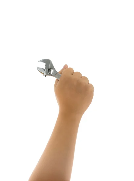 Herramienta de llave de mano mecánica en mano aislada — Foto de Stock