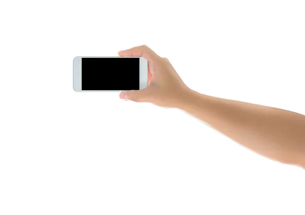 Hand holding mobile smart phone with blank screen. Isolated — Stock Photo, Image