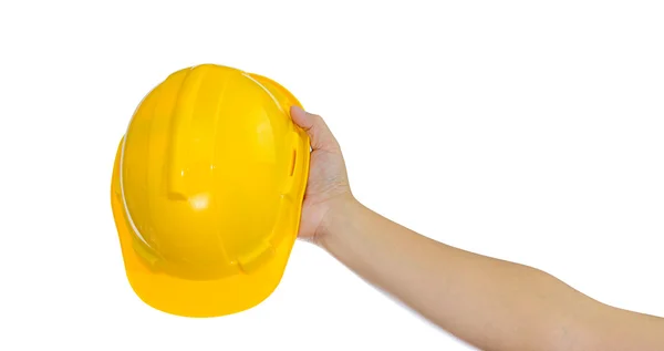 Ruka držící bezpečnostní přilba, helma, samostatný — Stock fotografie